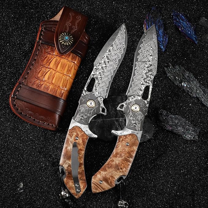 Damascus Steel Folding Pocket Knifeï¼?.6in Men's EDC knife，With leather sheath，pocket clip，Liner Lock，Fighter Pattern，Tree Tumor Shadow Wood Handle，For outdoor hunting Fishing camping knife