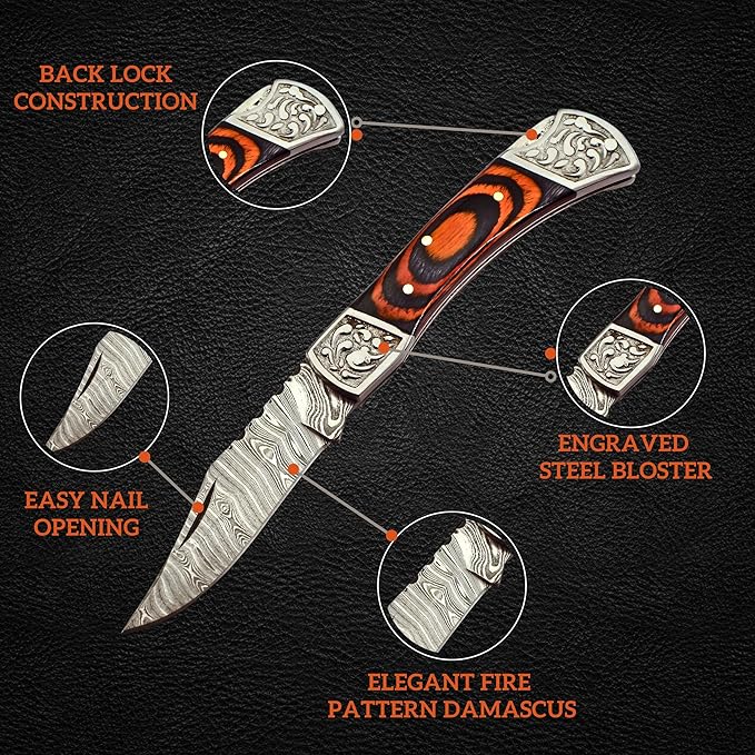 Handmade Damascus Pocket Knife for Men - 7.2 Inches Engraved Steel Damascus Folding Pocket Knife with Belt Holster - Pocket Knives & Folding Knives with Sheath & Back Lock - EDC Knife Pocket.(Orange)