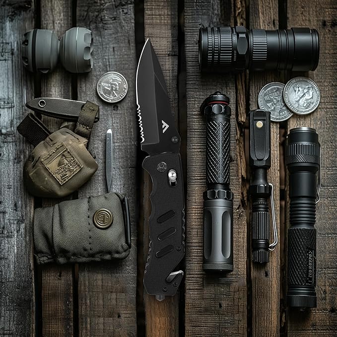 FLISSA Folding Pocket Knife with Clip, Glass Breaker and Seatbelt Cutter, Survival Knife for Emergency Rescue Situations, EDC Knife for Tactical, Hunting, Camping, Outdoor, Unique Gifts for Dad, Father-Black