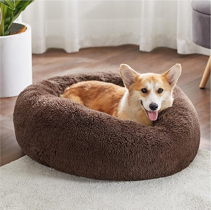 Bedsure Calming Dog Bed for Medium Large Dogs - Donut Washable Large Pet Bed, 33 inches Anti-Slip Round Fluffy Plush Faux Fur Dog Bed, Coffee