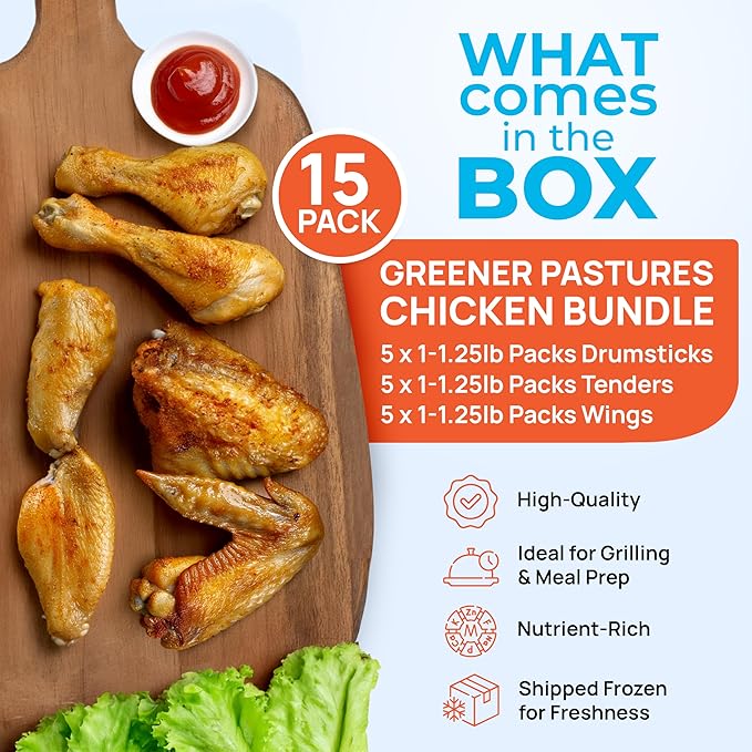 Greener Pastures Pasture-Raised Chicken Box ??5 Packs of Wings, Drumsticks, and Tenders (1-1.25lbs each) ??Premium, Nutrient-Rich, Ideal for Grilling & Meal Prep ??Shipped Frozen for Freshness.