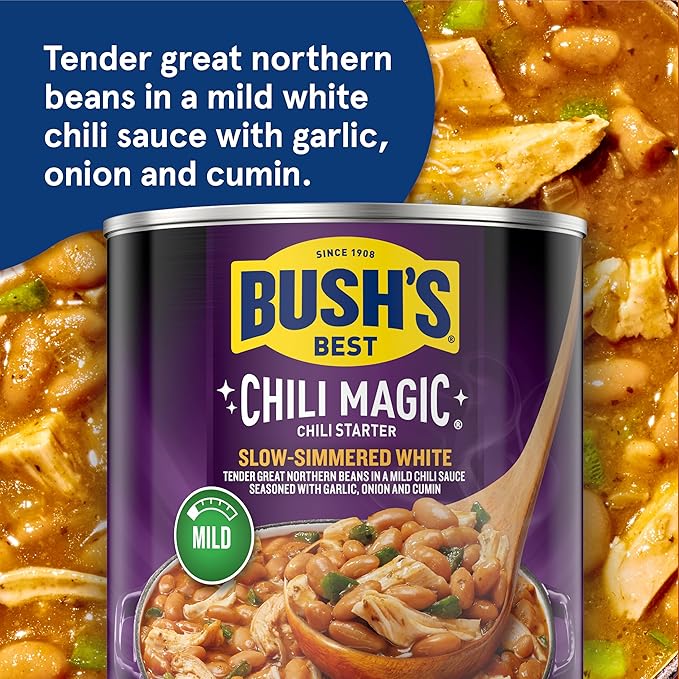 BUSH'S BEST 15.8 oz Canned Slow-Simmered White Chili Magic Starter, Source of Plant Based Protein and Fiber, Low Fat, Gluten Free, (Pack of 12)