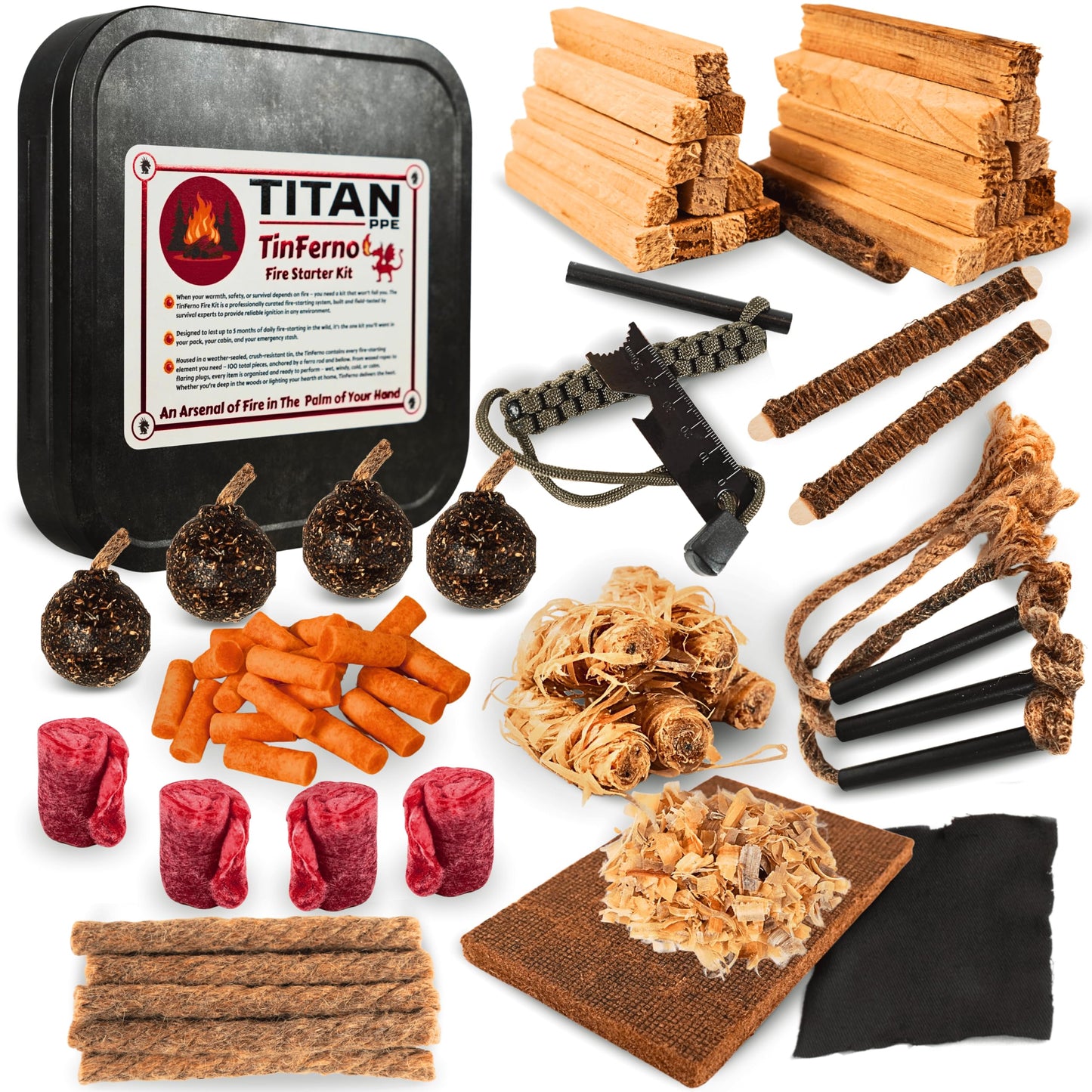 TinFerno Fire Starting Kit – 100pc Fire Starter for Campfires, Ferro Rod, Magnesium Flint, Char