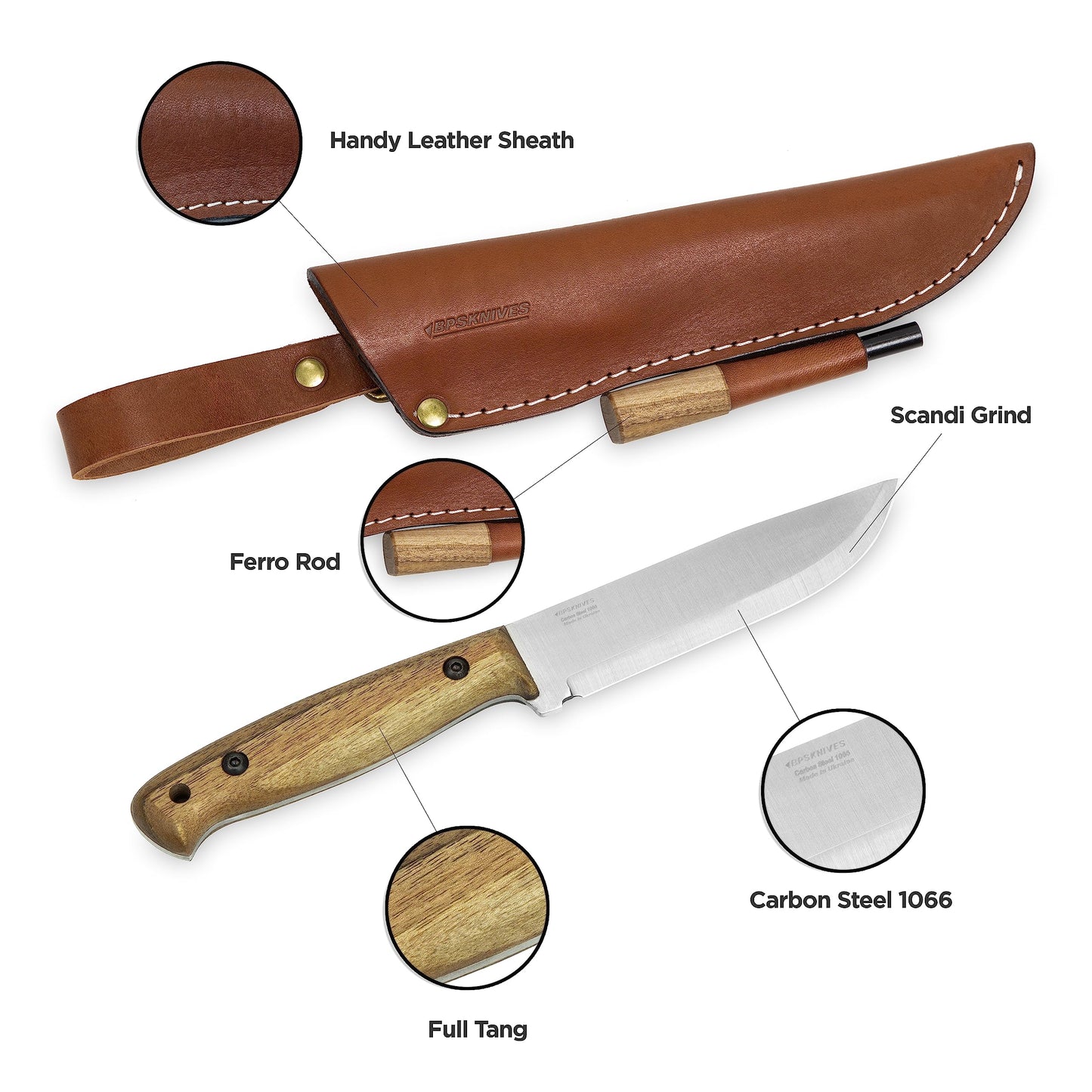 BPSKNIVES Adventurer - Bushcraft Knife - Fixed-Blade Carbon Steel Knife with Leather Sheath and