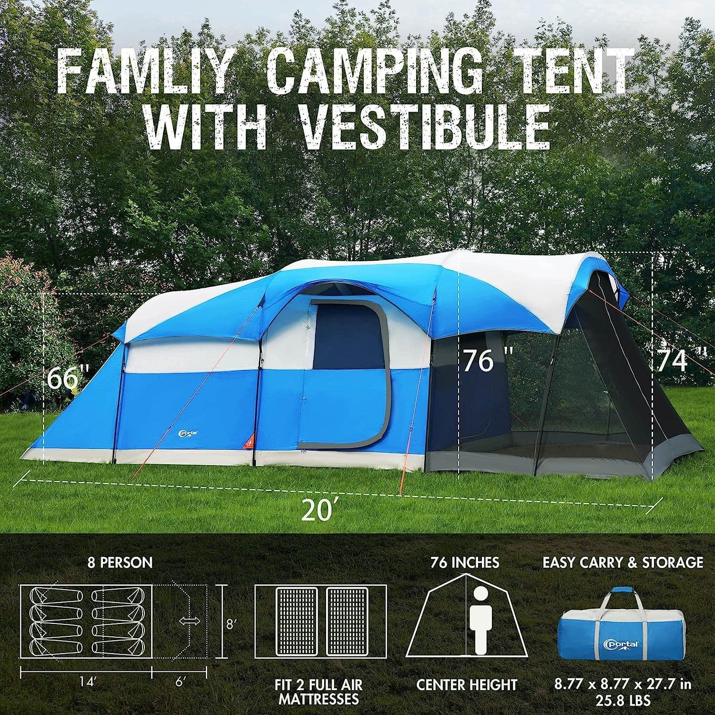 Portal 8 Person Family Camping Tent with Screen Porch, Weather Resistant Tunnel Tent with Rainfly