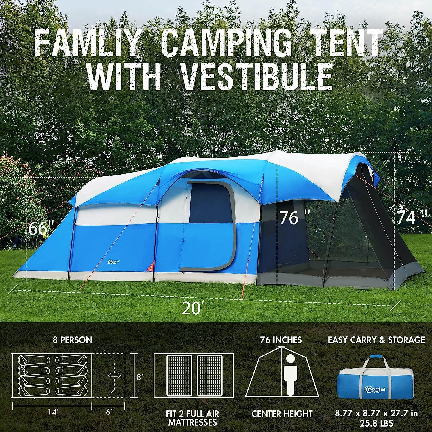 Portal 8 Person Family Camping Tent with Screen Porch, Weather Resistant Tunnel Tent with Rainfly