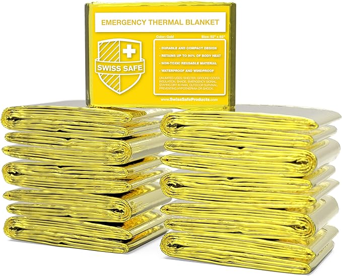 Swiss Safe 10 Pack Mylar Emergency Blankets for Survival - Compact & Insulated for Cold Weather - Designed for NASA, Outdoor, Running, Camping, Survival, First Aid Car Kit - Gold, 10 Pack
