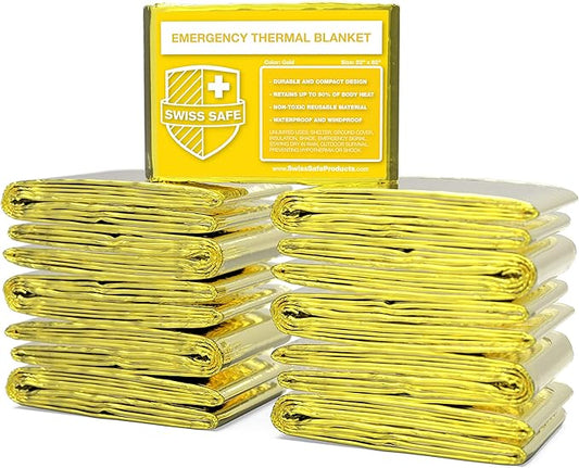 Swiss Safe 10 Pack Mylar Emergency Blankets for Survival - Compact & Insulated for Cold Weather - Designed for NASA, Outdoor, Running, Camping, Survival, First Aid Car Kit - Gold, 10 Pack