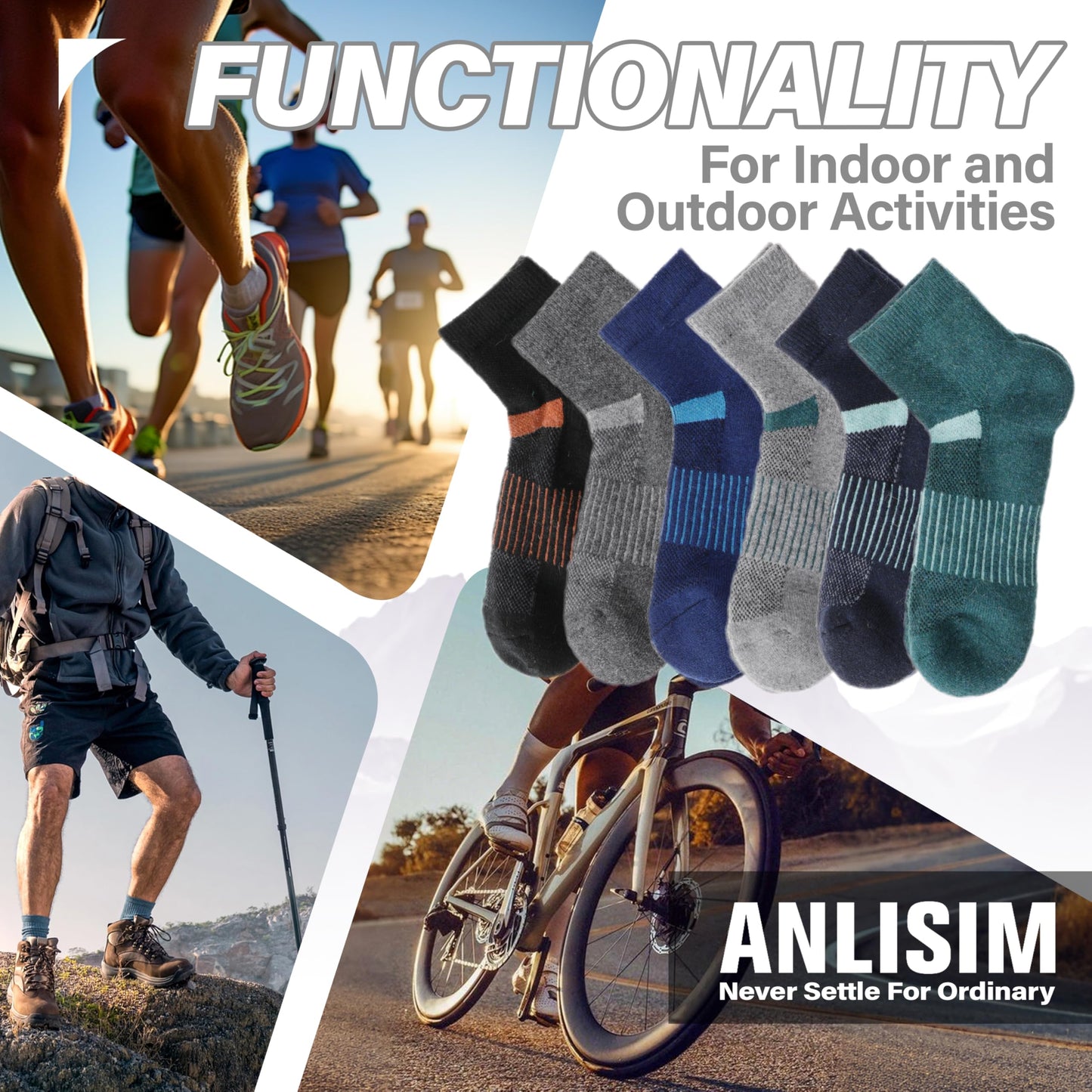 Anlisim Merino Wool Quarter Ankle Running Hiking Socks for Women and Men