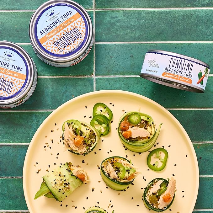 Tonnino Tuna Fish Albacore - Premium chunk in water with Jalapeño & Carrots ??Pack of 12 ??Alternative to Salmon ??Protein Snacks ??Ready to Eat Meals in can