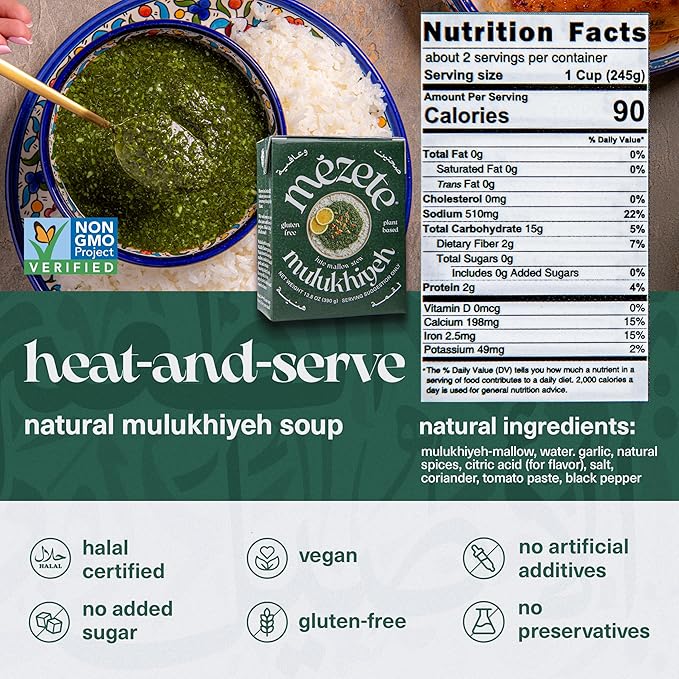 Mezete All-Natural Molokhia Stew | Heat & Serve | Plant Based Instant Stew | Authentic Middle Eastern | No Artificial Additives | No Preservatives | Non-GMO | 390g (Pack of 2)