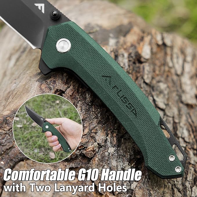 FLISSA Pocket Folding Knife, 3.2??D2 Blade G10 Handle EDC Knife with Pocket Clip Liner Lock for Hunting, Camping, Survival, Outdoor Activities(Green)