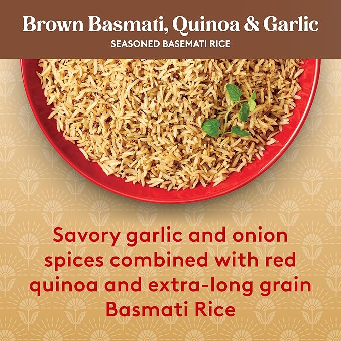 Royal Basmati Brown Rice with Quinoa and Garlic - Ready to Heat Basmati Rice - (6 Pack) 8.5 oz Microwaveable Pouch