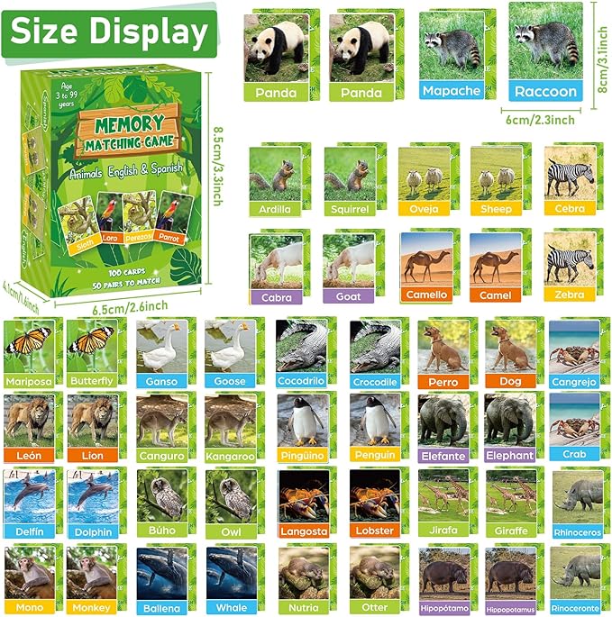 gisgfim 50 Pairs Memory Matching Games Spanish English Bilingual Animal Memory Matching Games Educational Game for Kids and Adults A Fun & Fast Animal Game Toddlers Preschool Family Board Gift