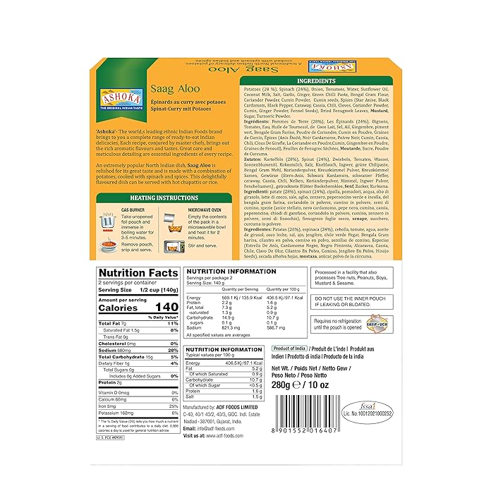 Ashoka Meals 1932, Vegan Spinach & Potato, All-Natural, Heat & Serve Microwaveable Indian Food, Saag Aloo, Kosher Certified, Great for Outdoors, Gluten-Free & with No Preservatives, Pack of 5