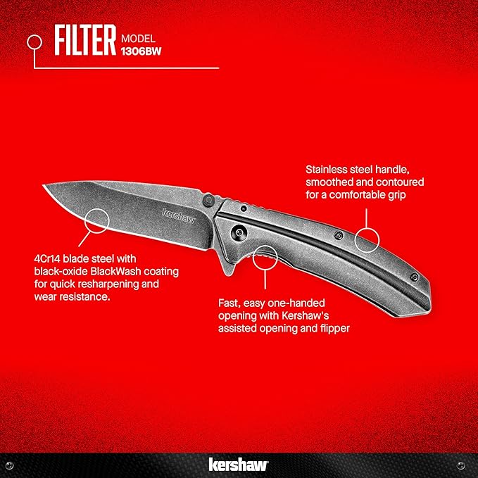 Kershaw Appa Folding Tactical Pocket Knife, SpeedSafe Opening, 2.75 inch Black Blade and Handle & Filter Pocket Knife, 3.25??Steel Blade with Assisted Opening