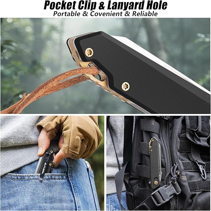 FLISSA Folding Pocket Knife, EDC Knife with D2 Steel Blade and G10 Handle, Pocket Clip, Suitable for Camping, Hiking, Fishing, Daily Use, Outdoor Activities(Black)