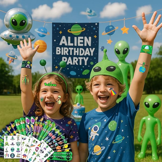 72 PCS Alien Party Favors 48 Tattoos Sticker and 24 Slap Bracelets Wristbands Perfect for Space Themed Birthday Baby Showers or Classroom Rewards Ideal Decor and Gifts for Girls and Boys