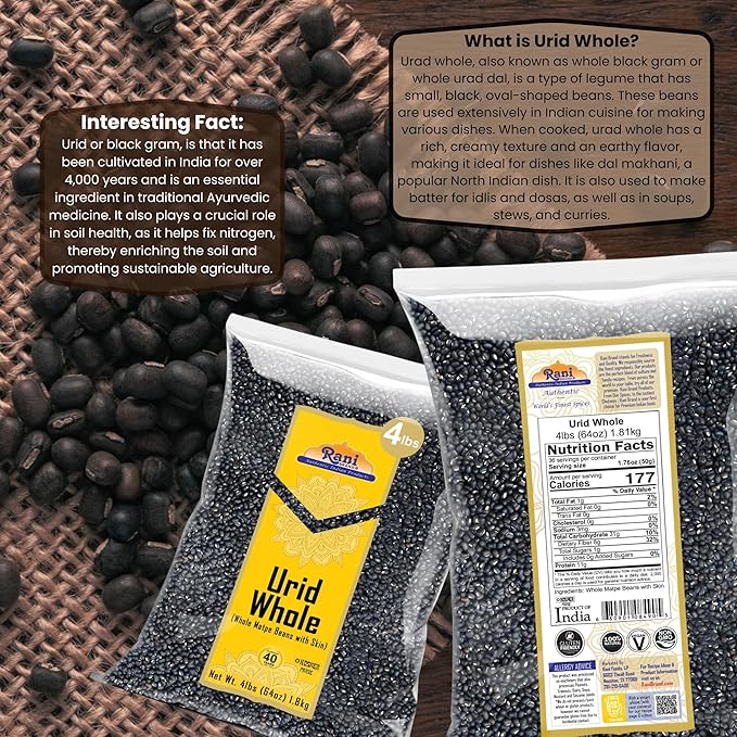Rani Urid/Urad Whole Black (Matpe Beans with Skin) Indian Lentils 64oz (4lbs) 1.81kg Bulk~ All Natural | Gluten Friendly | Non-GMO | Kosher | Vegan | Indian Origin