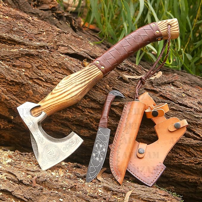 Viking Axe Gift Vikings Knife with Sheath | Hand Forged Real Handmade Outdoor Hunting Camping Axes and Hatchets | Viking Gifts for Men (Ax-05)