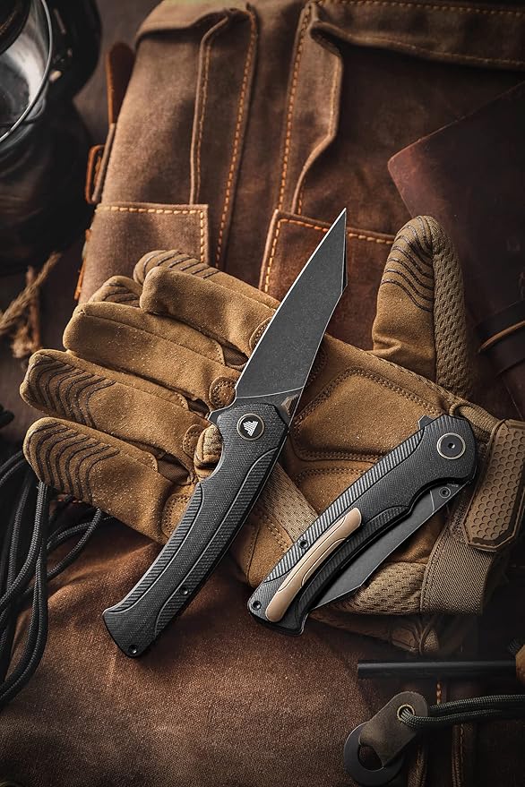 Folding Pocket Knife for EDC Men,3.66" Ti Stonewash S35VN Steel Blade Outdoor Camping Survival Hiking Knife with Ti Thumb Studs and Flipper Opener & Ball Bearing Pivot,Lynx-03B