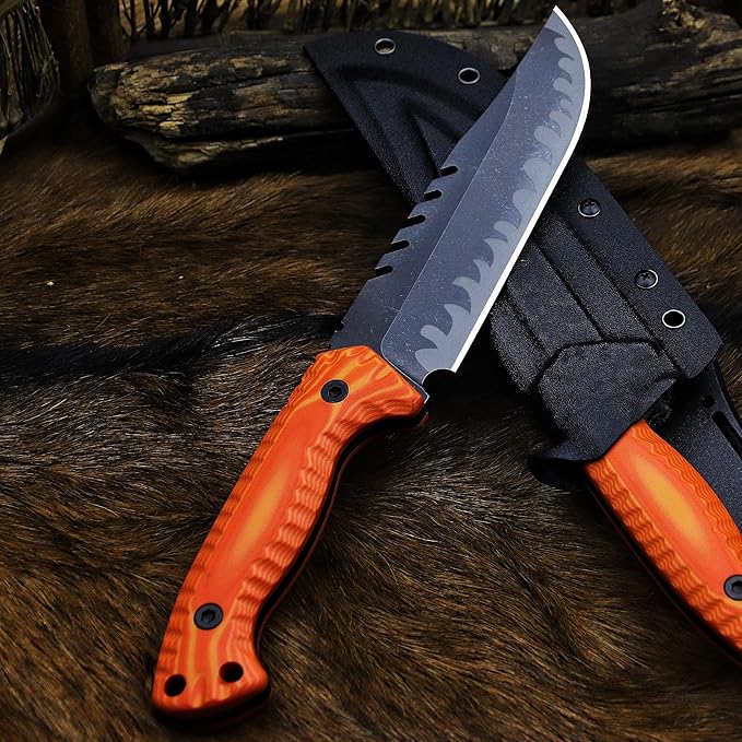 BA-KOR 12.4in Full Tang Fixed Blade Hunting Knife ??6mm 9CR18MoV Steel, G10 Handle, Stonewashed Sawback Blade with Kydex Sheath & Fire Starter for Outdoor, Camping, Survival (Orange with light yellow stripes)