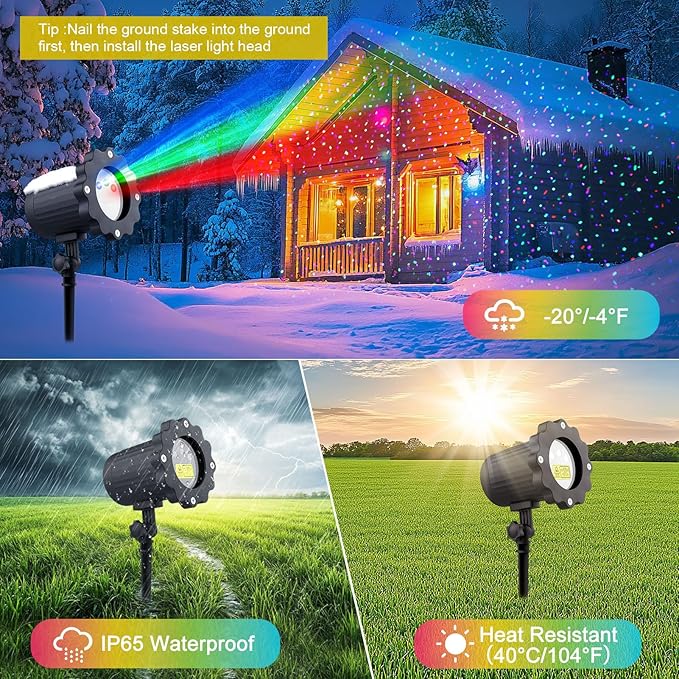 Waterproof Firefly Laser Projector Lights Outdoor,12 Effect Moving RGB Lights Show Laser Projection with RF Remote and Timer for Wedding Halloween Christmas Holiday Party Patio Garden Landscape Decor