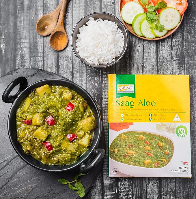 Ashoka Meals 1932, Vegan Spinach & Potato, All-Natural, Heat & Serve Microwaveable Indian Food, Saag Aloo, Kosher Certified, Great for Outdoors, Gluten-Free & with No Preservatives, Pack of 10