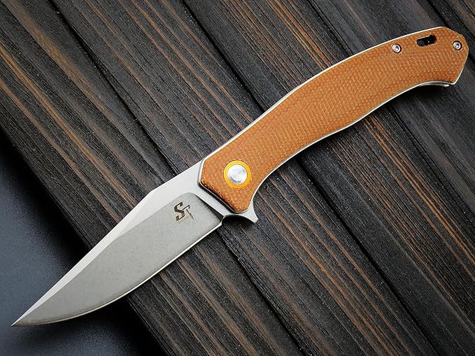 Sitivien ST112 Folding Knife, D2 Blade and Micarta Handle EDC Tool Knife with Pocket Clip for Outdoor Camping Hiking Survival(Brown)