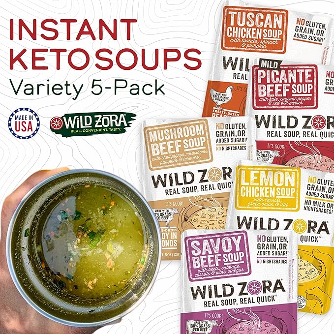 Wild Zora Instant Keto-Friendly Soups 5-Pack Variety, Broth Made with Grass-Fed Beef, Free-Range Chicken, and Vegetables, Gluten-Free, Low Carb, No Added Sugar, Flavorful Pantry Staples - 0.5oz/13g