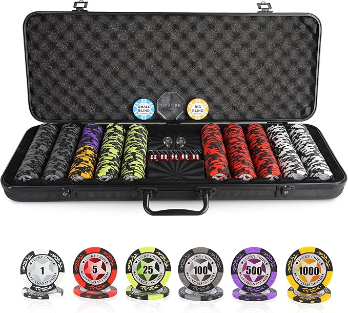 ORIENGEAR Poker Chip Set with Denominations, 500 PCS 14 Gram Clay Composite Casino Chips with ABS Case & 2 Decks of Plastic Cards, for Texas Holdem Blackjack Gambling Games
