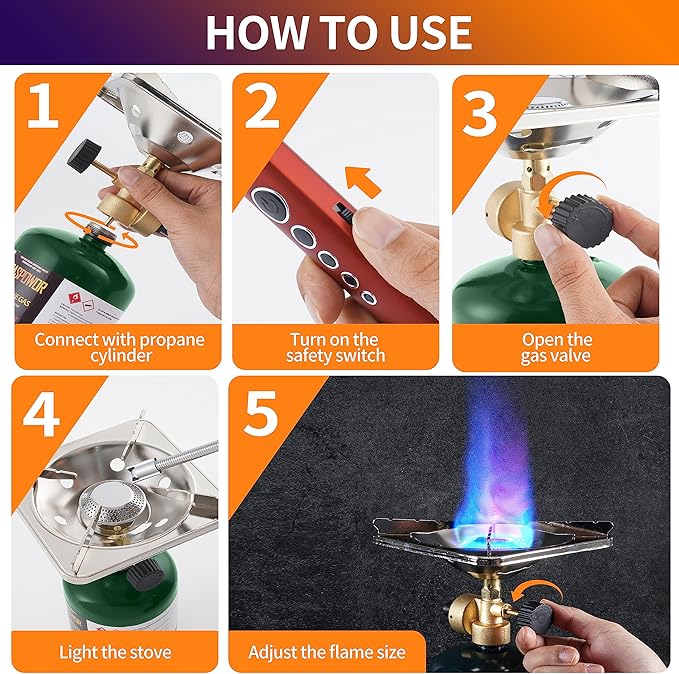 Propane Cylinder Top Stove with Adjustable Burner, Portable Camping/Backpacking Cooker 10000BTU,Camping Stove Propane,Single Burner Propane Stove,Camp Gas Stove with a USB Ligther (Fuel not included)