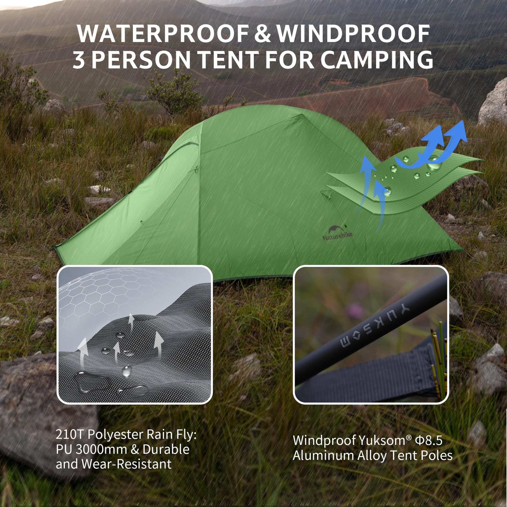 Naturehike Cloud Up 3 Person Backpacking Tent with Footprint - 3 Season Free Standing Lightweight 3