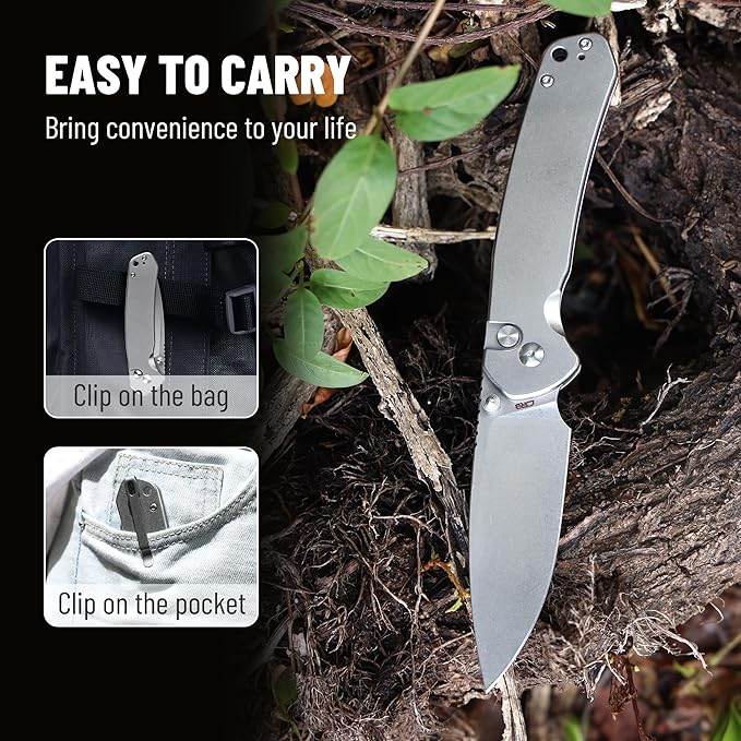 CJRB CUTLERY Pocket Knife Pyrite (J1925L) Button Lock EDC Large Foldable Knife AR-RPM9 Steel Blade and Stainless Steel Handle Silver Outdoor for Women Men for Gifts
