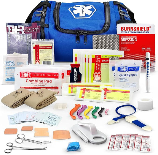 Fully Stocked Trauma First Aid Kit ??First Responder II Bag with Tools, Gauze, Bandages, Scissors & Gloves ??Compact & Portable ??OSHA and ANSI Compliant ??Blue