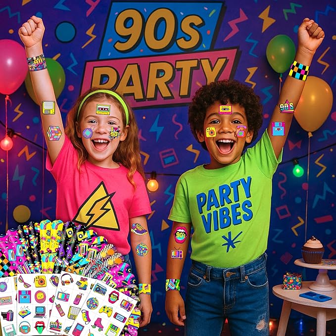 72PCS 90s & 80s Party Favors - 48PCS Pre-Cut Tattoos & 24PCS Slap Bracelets, Retro 90s Birthday Party Supplies Decorations, Ideal for Kids’ Classroom Prizes & Rewards for Boys & Girls