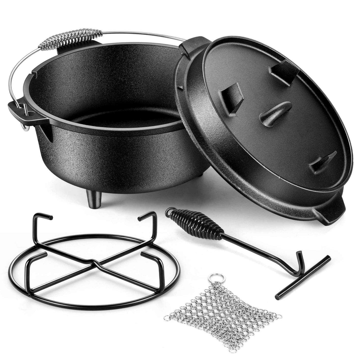 Joyfair Pre-seasoned Cast Iron Camp Dutch Oven with Accessories, 5QT Pot