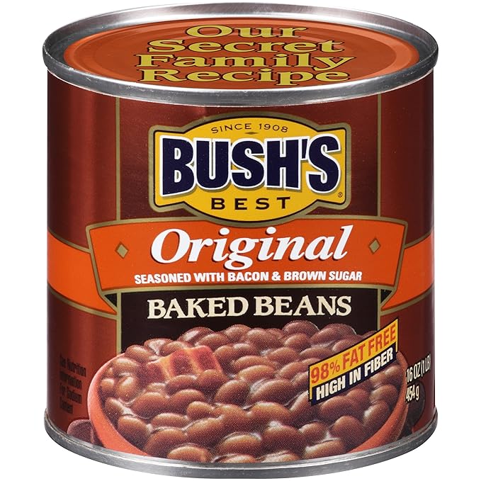 BUSH'S BEST 16 oz Canned Original Baked Beans, Source of Plant Based Protein and Fiber, Low Fat, Gluten Free, (Pack of 12)