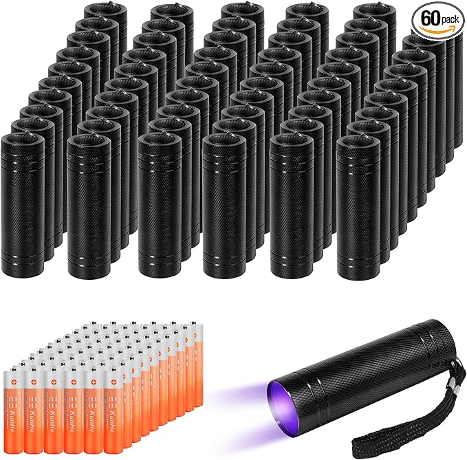 KunHe 60 Pack UV Flashlight 395nm Black Light Mini AAA Battery Ultraviolet LED Woods Lamp Powerful Portable Pet Urine Detector for Dogs Cats Dry Stains Bed Bugs Scorpions Finder Resin Curing
