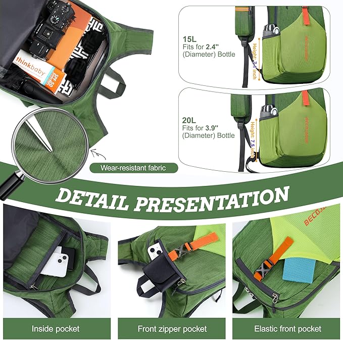 20L Small Hiking Backpack for Men Women Foldable Packable Back Pack Ultralight Hiking Daypack for Travel Camping Outdoor, Olive Green