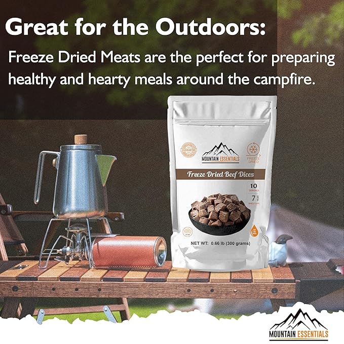 MOUNTAIN ESSENTIALS Freeze-Dried Diced Beef ??Fully Cooked Meat | Pre-Cooked | 240g High Protein Intake | 10 Servings | Ready-to-Eat Meal Prep | Pantry Staples, Daily Meals, Emergency Survival, Camping Food | 7-Year Shelf Life | Made in USA