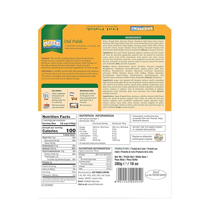 Ashoka All-Natural Entrees 1932, Vegan Spinach and Lentils, Microwave Friendly Meals, Authentic Indian Dal Palak, Great for Outdoors, Kosher Certified, Gluten-Free & with No Preservatives, Pack of 5