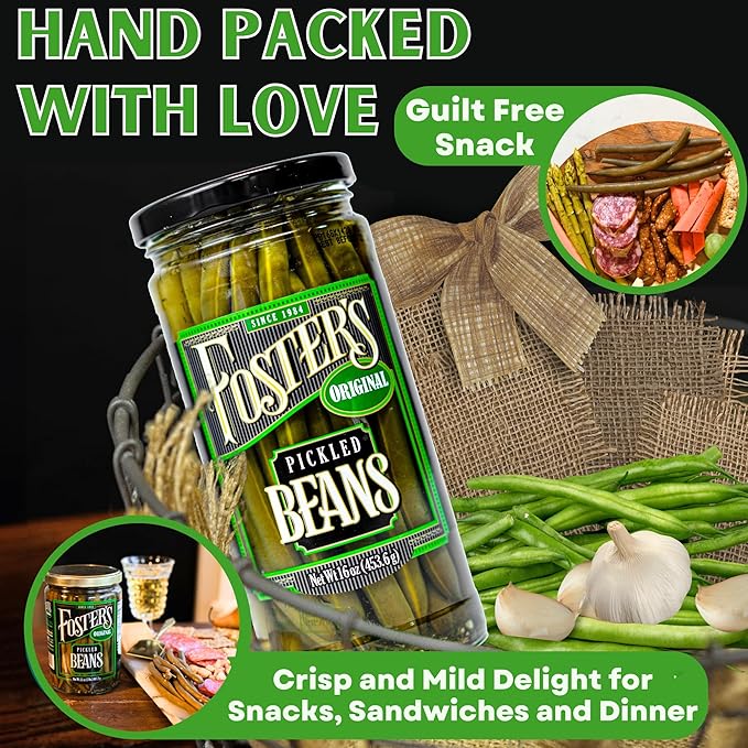 Foster's Pickled Green Beans in a Jar, Original, 16oz, 2 Pack, Traditional Pickled Vegetables Recipe for over 40 years, Low Calorie Snack, Gluten Free, Fat and Preservative Free Pickles