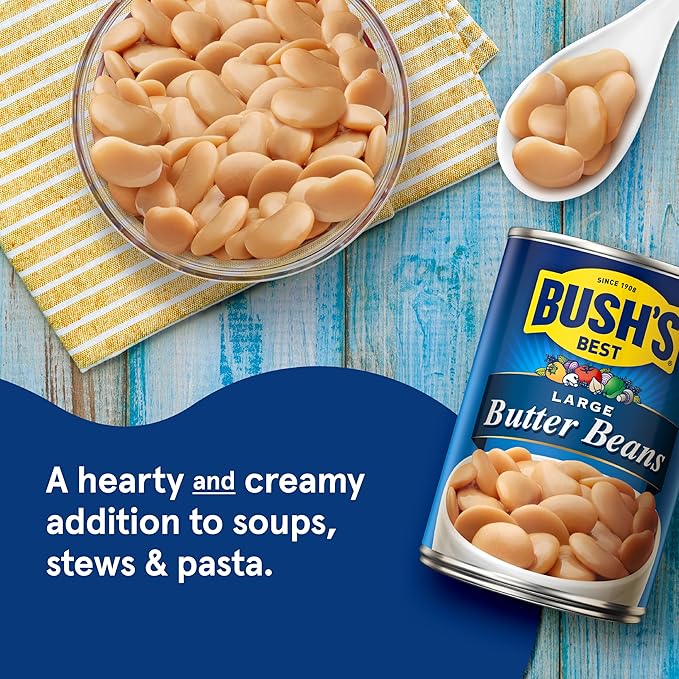 BUSH'S BEST 16 oz Canned Large Butter Beans, Source of Plant Based Protein and Fiber, Low Fat, Gluten Free, (Pack of 12)