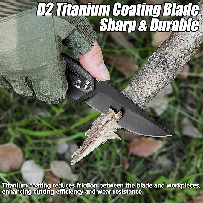 FLISSA Pocket Folding Knife, 3.2??D2 Blade Carbon Fiber Handle EDC Knife with Pocket Clip for Hiking, Camping, Outdoor Activities