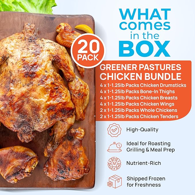 Greener Pastures Pasture-Raised Chicken Box - 18-Pack (4 Bone-In Thighs, 4 Breasts, 2 Whole Chickens, 2 Tenders, 4 Wings, 4 Drumsticks) - Premium, Nutrient-Rich