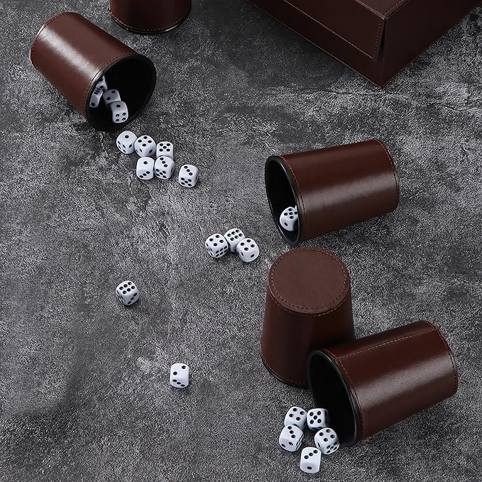 5X Dice Cup Set, PU Leather Dice Shaker Cups with 30 Dices for Bar Party Yahtzee Farkle Dice Games, Coffee (5, Brown)