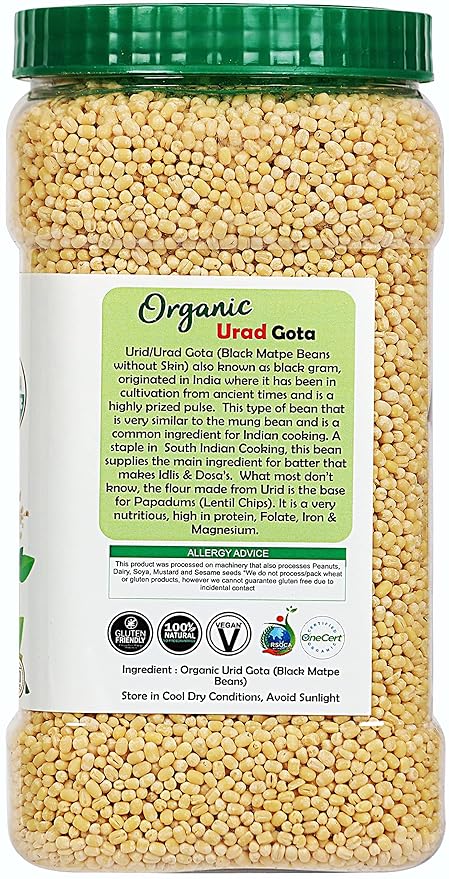 Rani Organic Urid/Urad Whole Gota (Matpe Beans Skinless) Indian Lentils 64oz (4lbs) 1.81kg Bulk PET Jar ~ All Natural | Vegan | Gluten Friendly | NON-GMO | Indian Origin | USDA Certified Organic