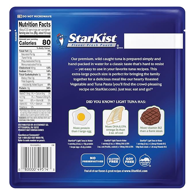 StarKist Chunk Light Tuna in Water, 11 oz Pouch (12 Pack) Ready to Eat Wild Caught Tuna, 19g Protein Per Serving, 80 Calories Per Serving, Gluten Free, Soy Free, Kosher, Perfect for Meals and Snacks