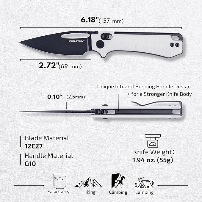 REALSTEEL VIS Pocket Knife, Folding Knife, Crossbar Lock, 2.72" Small 12C27 Steel PVD Black Blade, Thumb Hole, G10 Handle, 1.94oz, Pocket Clip, Versatile Outdoor Indoor EDC Knife, Gifts for Men Women Camping Hiking Fishing Climbing (White G10/Black)